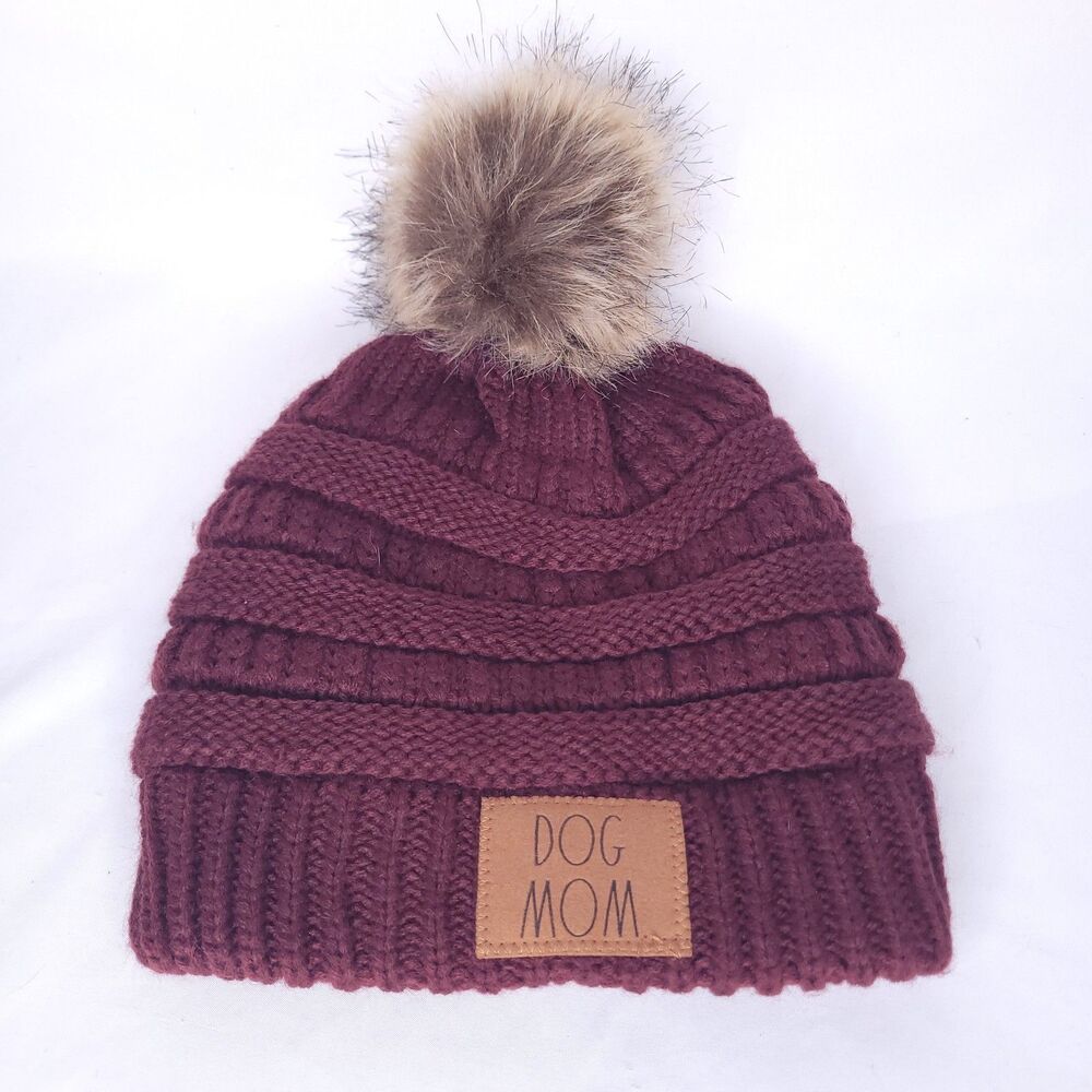 Rae Dunn Beanie Burgundy Dog Mom Pom Pom Knit Fleece Lined
